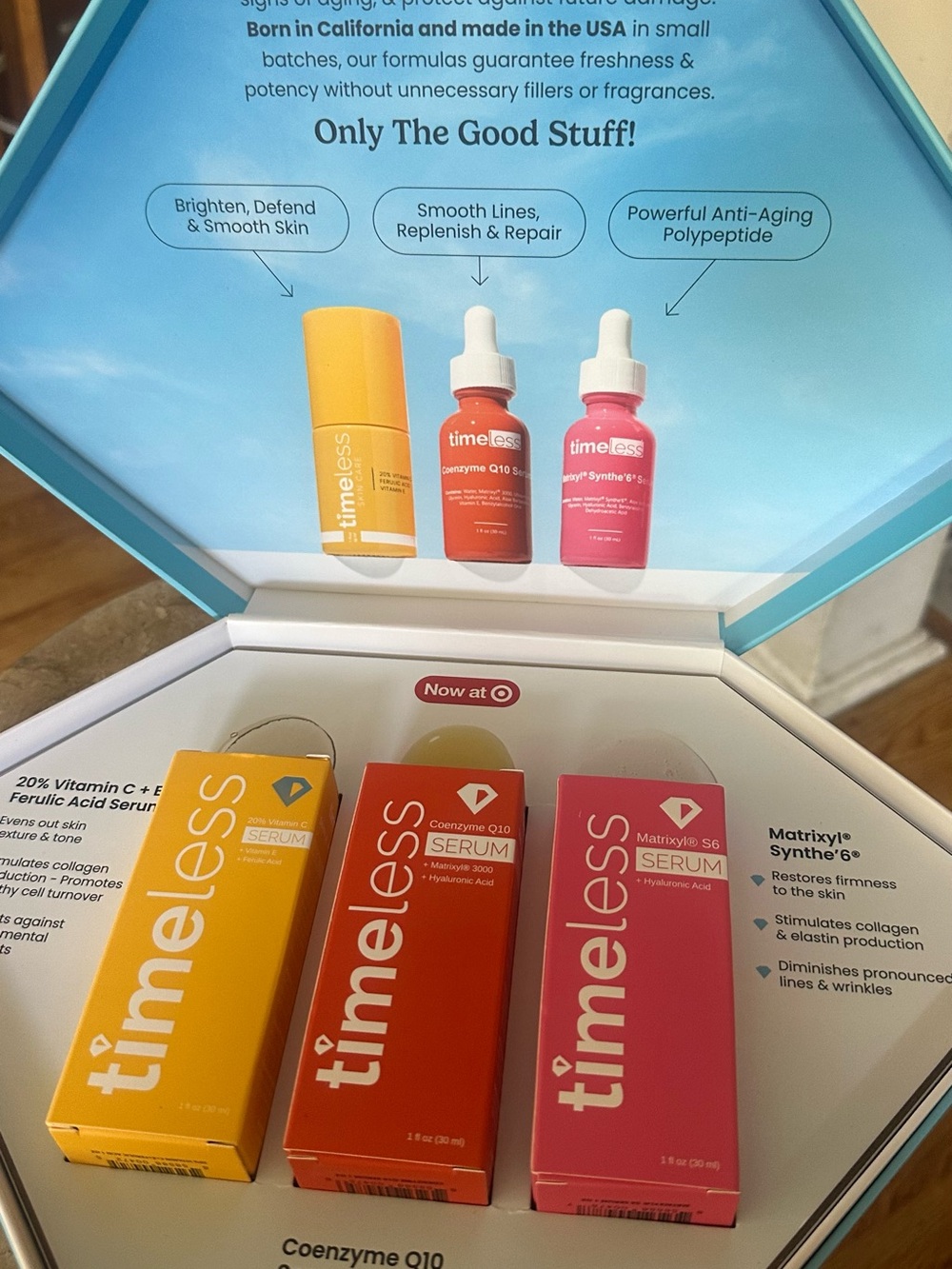NIB Timeless Skincare Vitamin C + CoQ10 Serum Set — Yellow, Orange & Pink